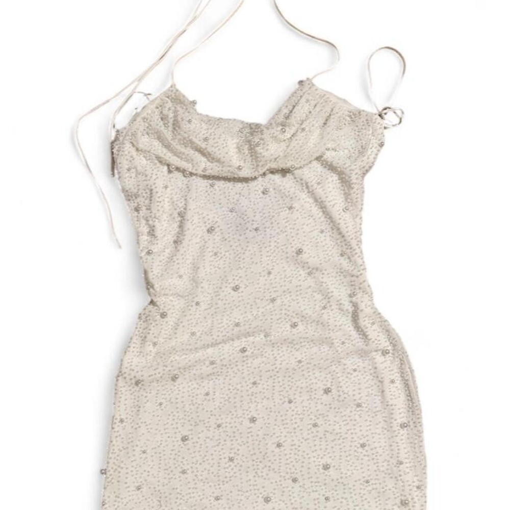 The Vintage Shop white beaded cowl neckline mini dress with silver pearl embelli